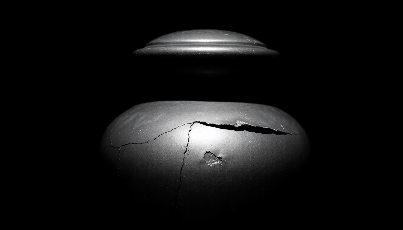 An extreme close-up photograph of a damaged cemetery urn, the metal surface scarred and dented, reflecting a harsh, direct camera flash against a pitch-black background, conveying the investigative nature of this property crime.