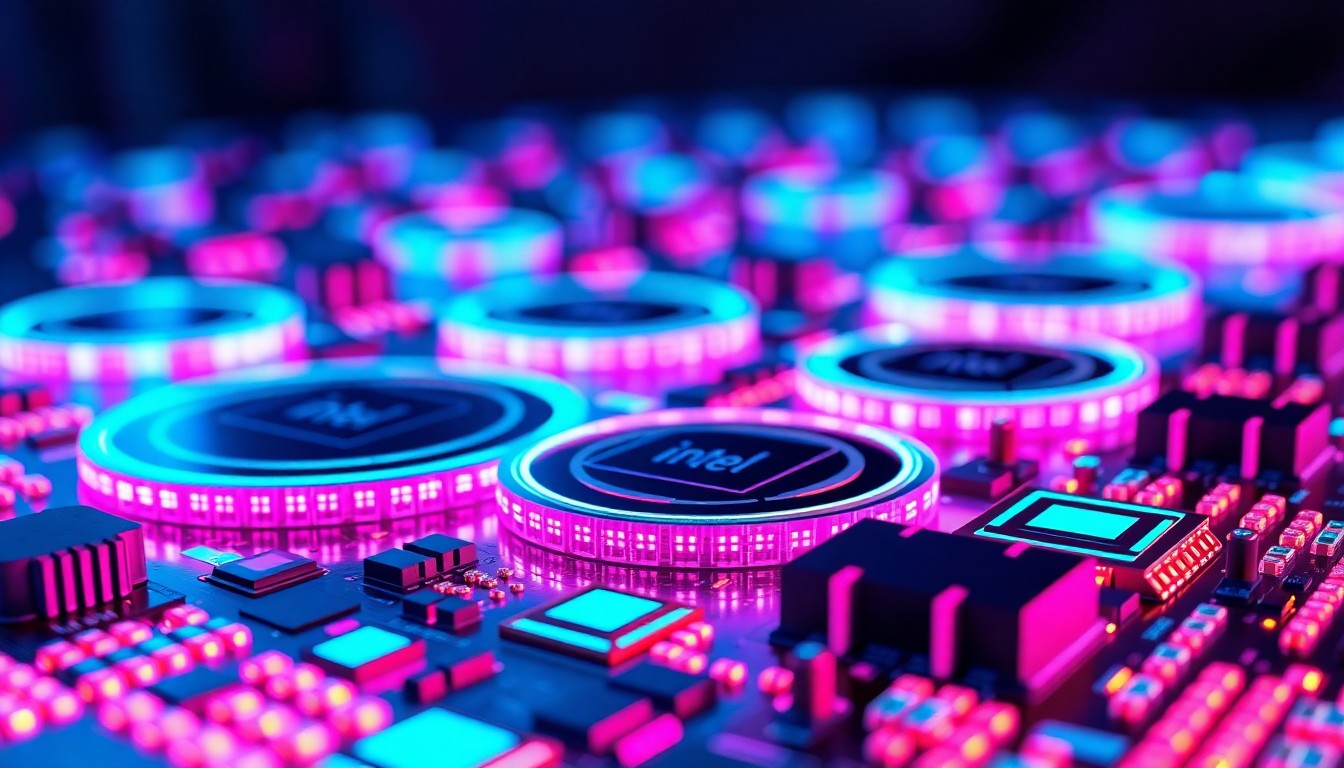 A highly detailed, 3D macro illustration of glowing, futuristic semiconductor wafers and chip components in vibrant neon cyan and magenta hues, conceptually representing the advanced manufacturing capabilities of the Intel Terafab facility.