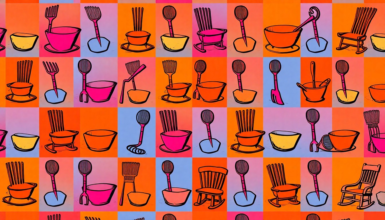 A brightly colored, high-contrast silkscreen print of an iconic agricultural tool or family-oriented object repeated in a tight grid pattern, capturing the celebratory spirit of the Eminent Leaders awards.