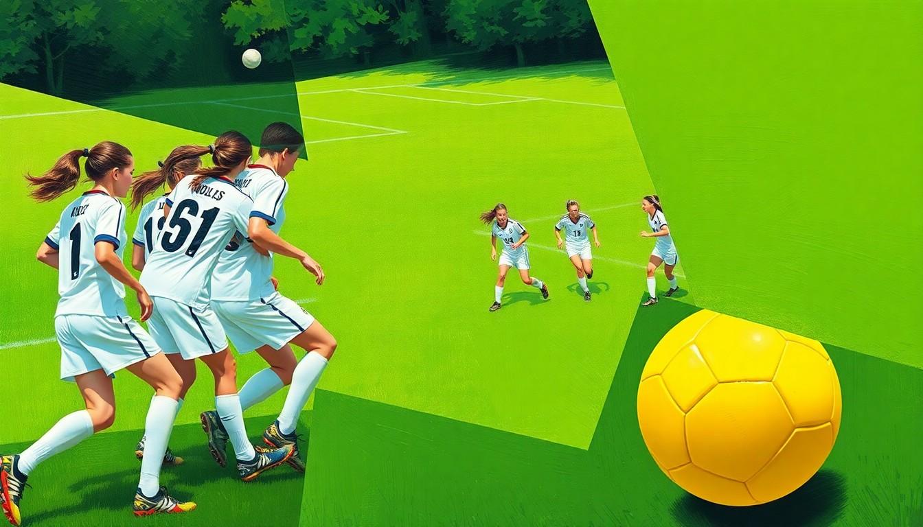 A fragmented, geometric painting depicting the dynamic movements and overlapping perspectives of a girls' high school soccer game, with sharp planes of green, white, and yellow conveying the competitive energy of the match.