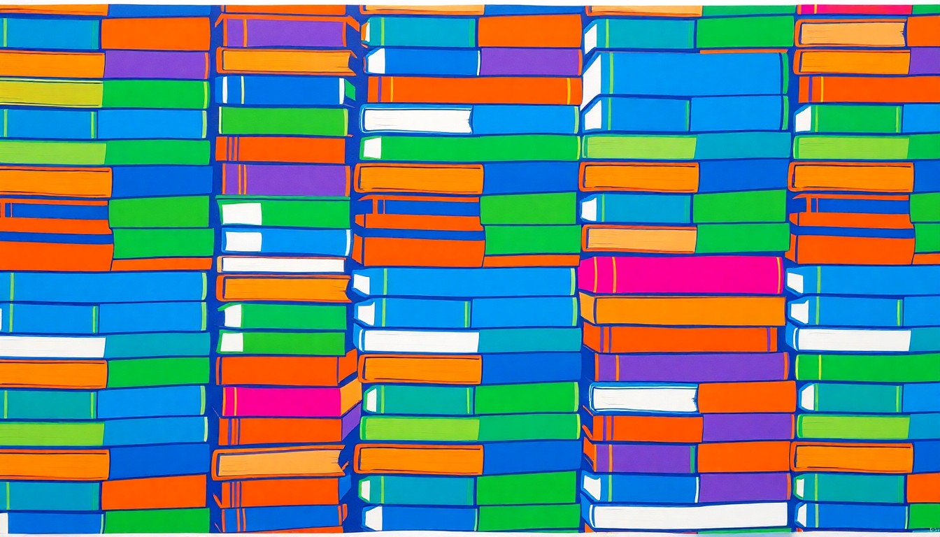 A bold, colorful silkscreen-style illustration featuring a repeating grid of textbooks in bright, neon-like hues, conceptually representing the importance of school board decisions.