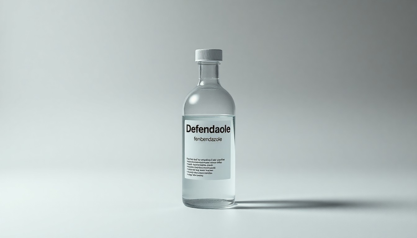 A photorealistic studio still-life image of a glass bottle filled with a clear liquid, representing the Defendazole (fenbendazole) dewormer product, placed on a clean, monochromatic background and using dramatic lighting to showcase the premium quality and efficacy of the product.