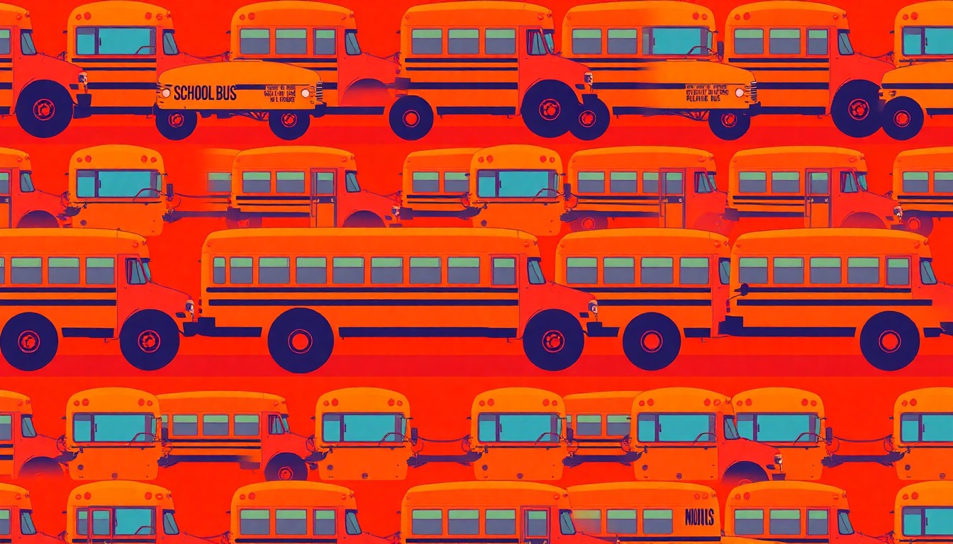 A brightly colored, high-contrast silkscreen print of a single, iconic school bus icon repeated in a tight grid pattern, representing the financial pressures on public education in a rural community.