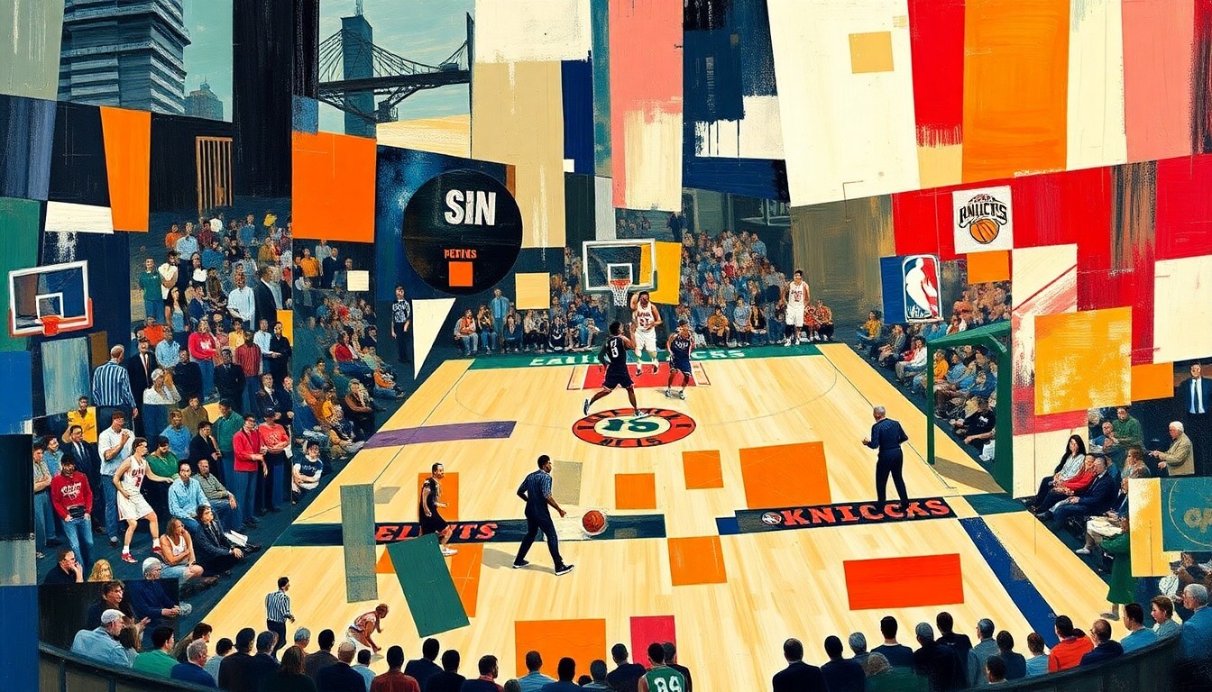 A cubist-style painting featuring overlapping geometric shapes and planes in shades of green, blue, and orange, representing the dynamic action and intensity of a basketball game between the Boston Celtics and New York Knicks.