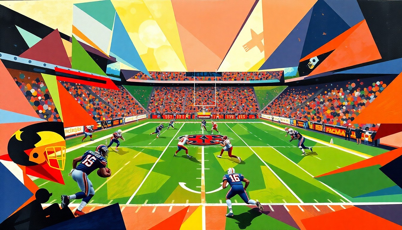 An abstract, cubist-style painting depicting a United Football League game between the Dallas Renegades and St. Louis Battlehawks. The players and field are broken down into sharp, overlapping geometric shapes in a vibrant color palette, capturing the dynamic energy of the game.