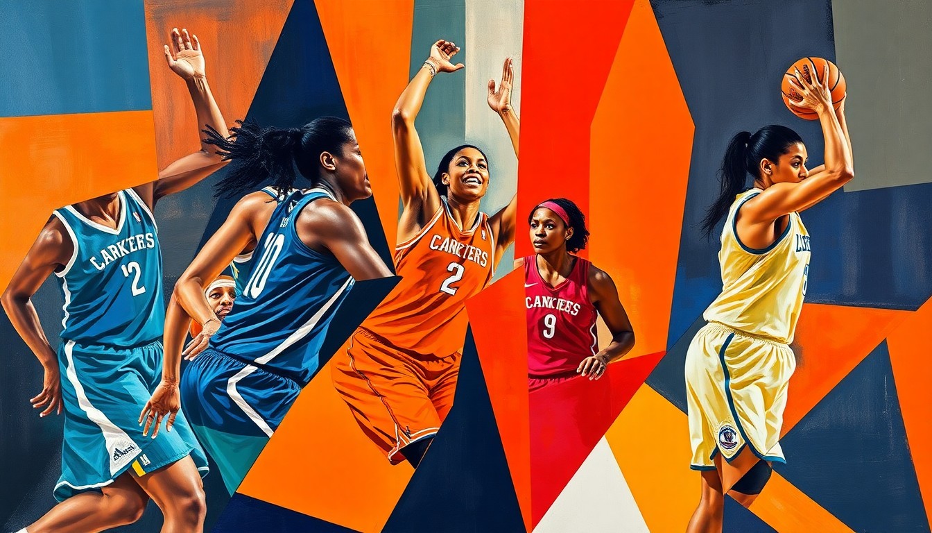 A cubist, geometric painting depicting a WNBA basketball game, with the players' forms broken down into overlapping planes of vibrant blue, orange, and other colors, capturing the dynamic energy of the sport.
