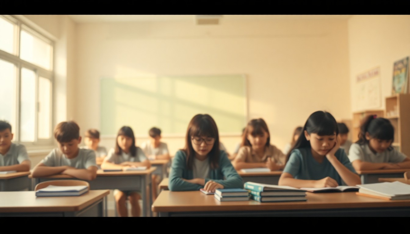 An abstract, out-of-focus photograph in warm, earthy tones depicting the interior of a classroom, with desks, books, and educational supplies visible through a hazy, dreamlike lens, conceptually representing the community's investment in its public schools.