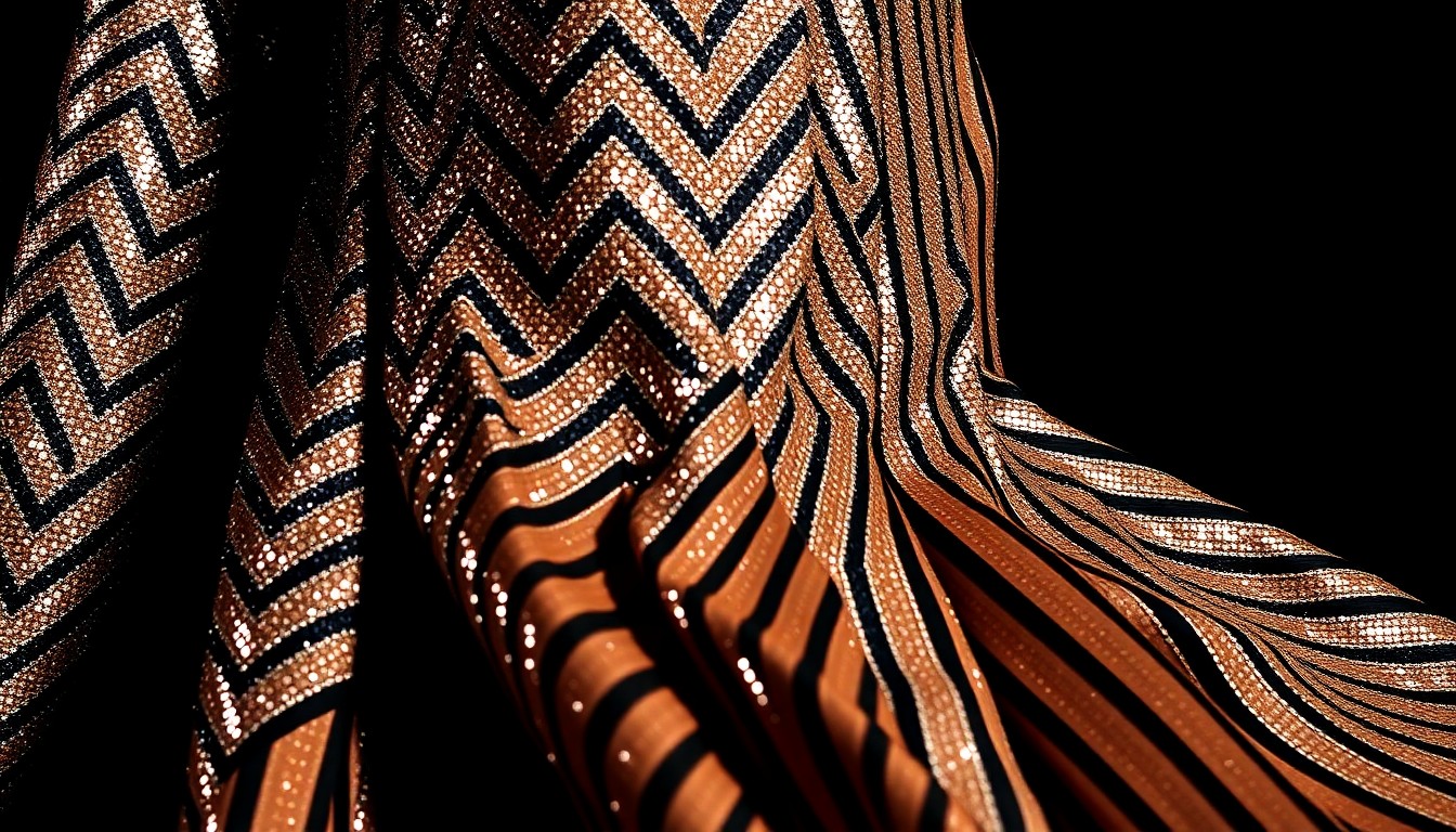 An abstract close-up photograph showcasing the mesmerizing metallic chevron pattern and cascading striped train of Alexa Demie's vintage couture gown, captured in dramatic high-contrast lighting to highlight the glamorous, high-fashion aesthetic.