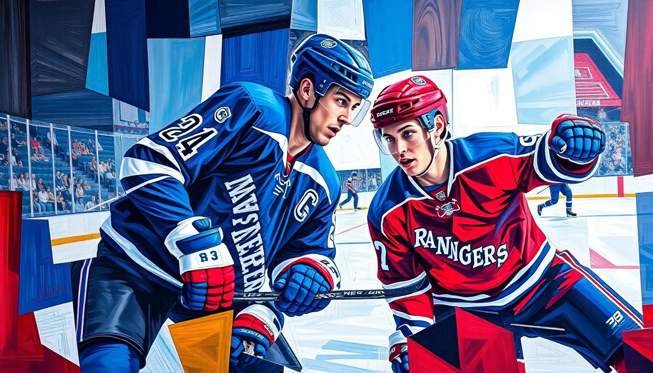 A cubist, geometric painting depicting a hockey player in motion, with the player's form broken down into sharp, overlapping planes of blue, red, and white, capturing the dynamic energy of the game.