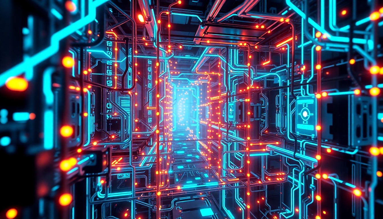 A highly detailed, glowing 3D illustration of a futuristic AI neural network infrastructure, with intricate circuits, pulsing neon lights, and a sense of technological complexity, conceptually representing the power and potential of advanced AI systems amidst the competitive forces shaping the industry.