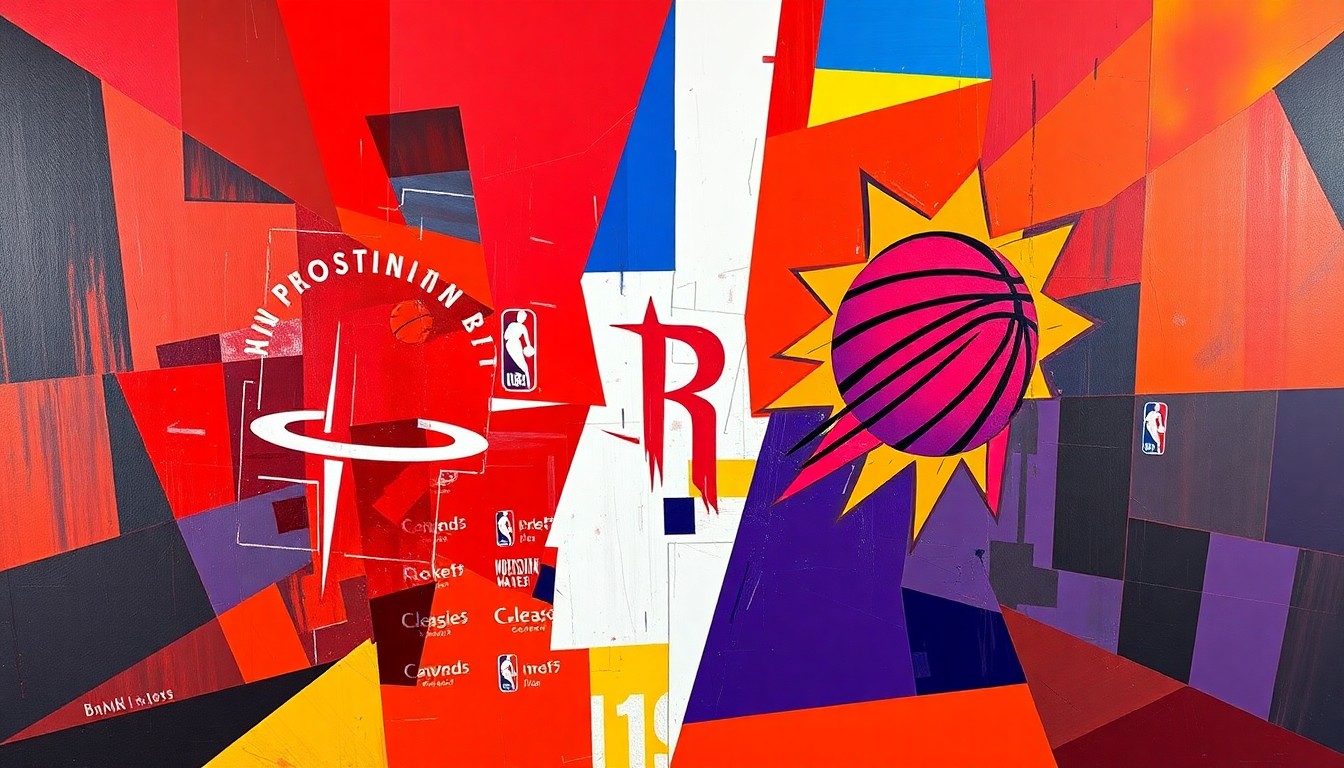 A cubist-style painting featuring overlapping geometric shapes and planes in the team colors of the Houston Rockets and Phoenix Suns, representing the intense action and physicality of their basketball game.