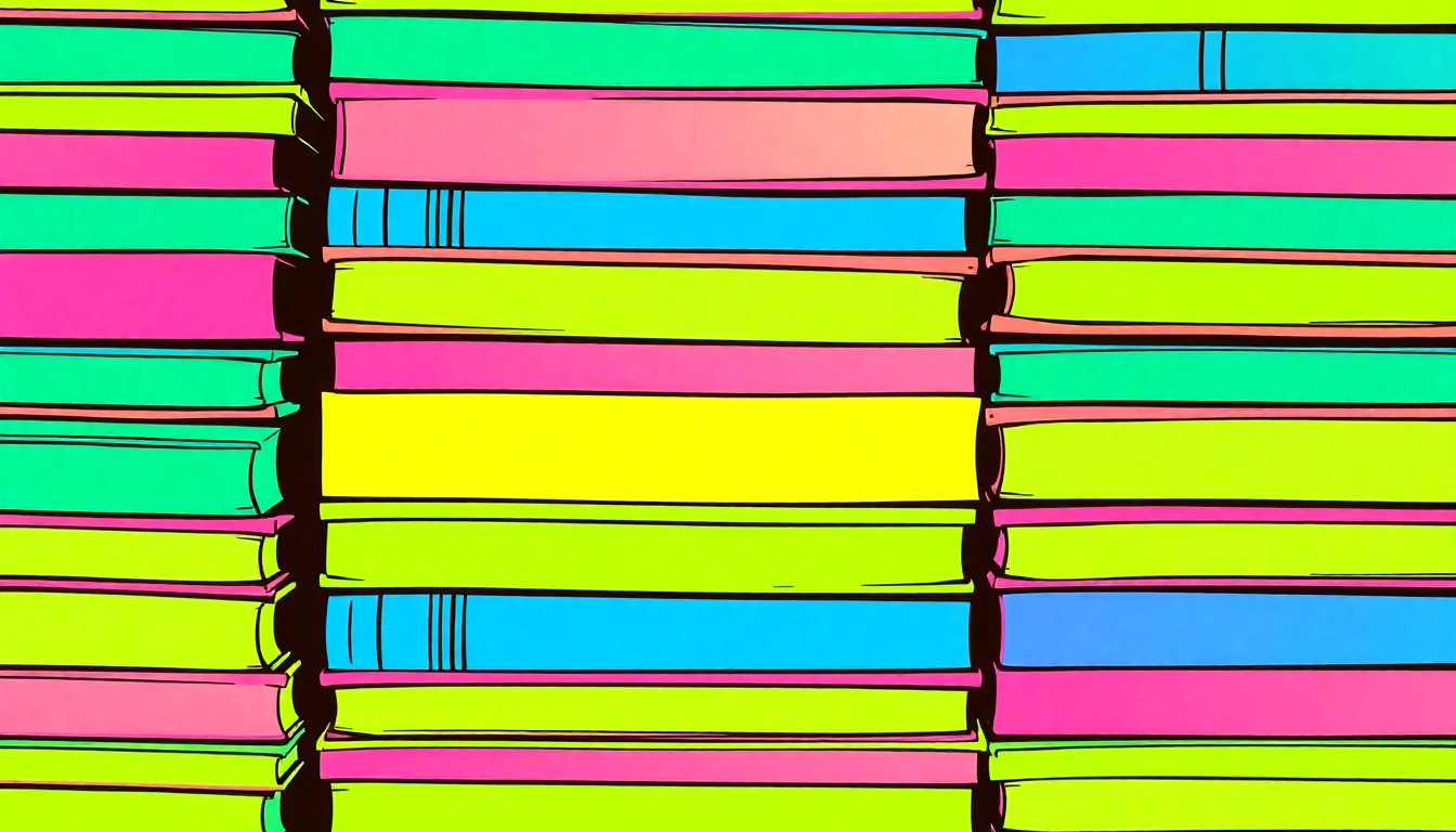 A brightly colored, high-contrast silkscreen print of a stack of school textbooks repeated in a tight grid pattern, conceptually representing the community-driven strategic planning process for the South Euclid-Lyndhurst School District.