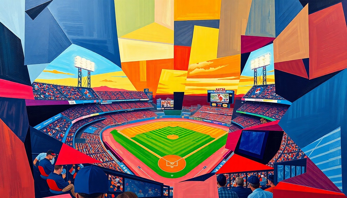 A fractured, cubist-style painting depicting a baseball game between the Albuquerque Isotopes and Reno Aces, with sharp geometric planes in the official team colors representing the action on the field.