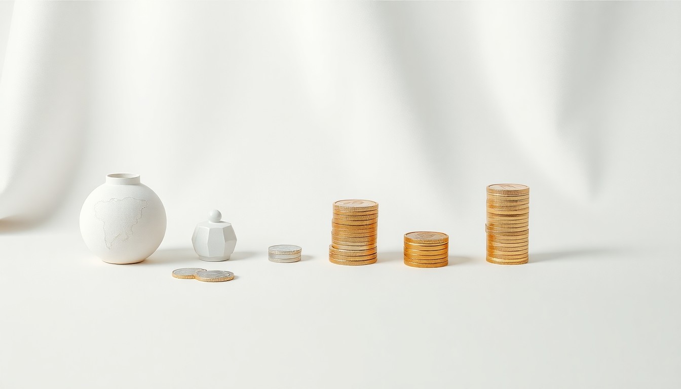 A minimalist, photorealistic studio still life featuring a collection of polished, geometric objects arranged elegantly on a clean, monochromatic background, conceptually representing the strategic progress and financial strength of the biotech company NovaBridge.