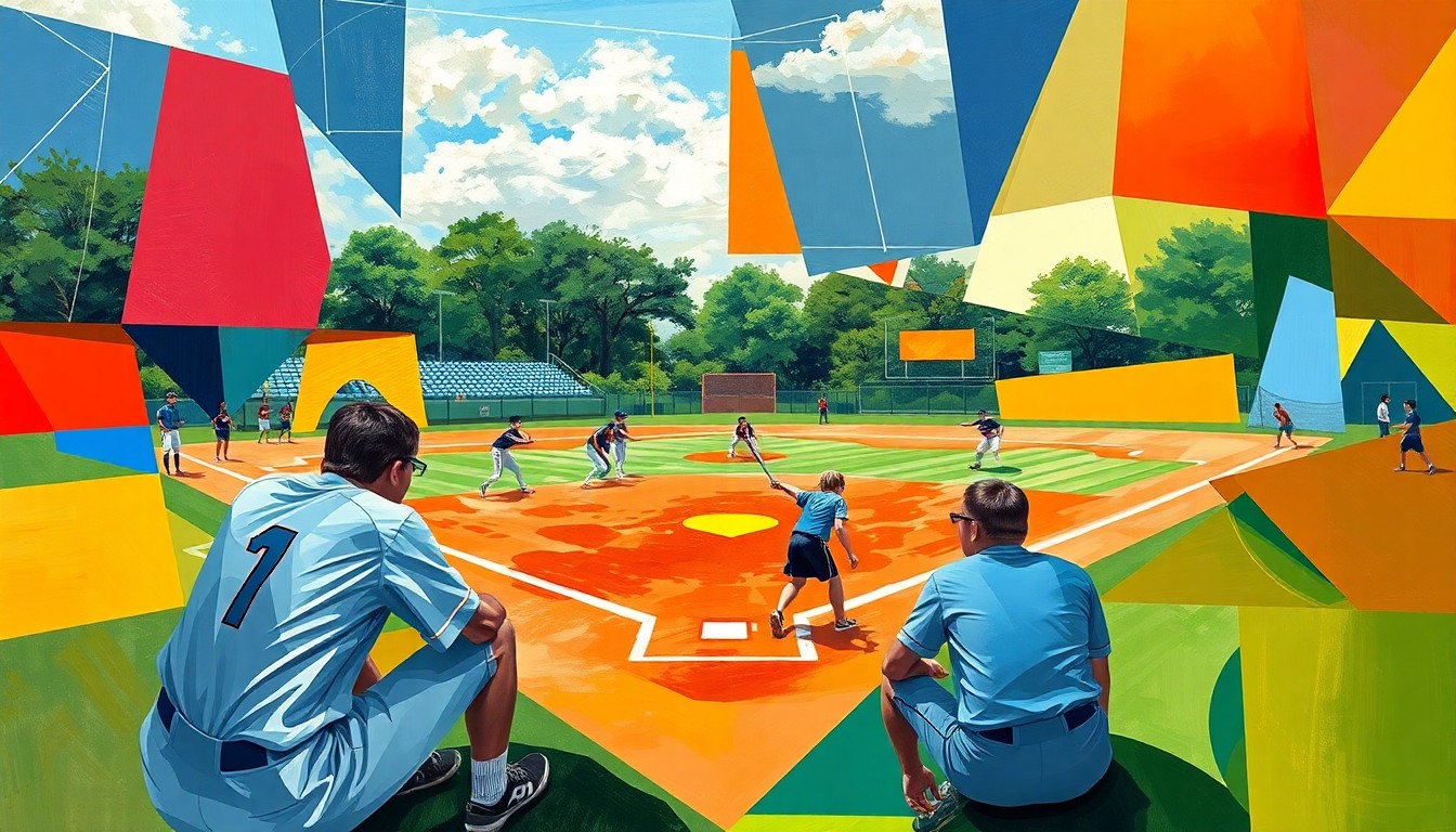 A fragmented, geometric painting depicting a high school softball game, with the players, field, and equipment broken down into abstract shapes and planes of color.