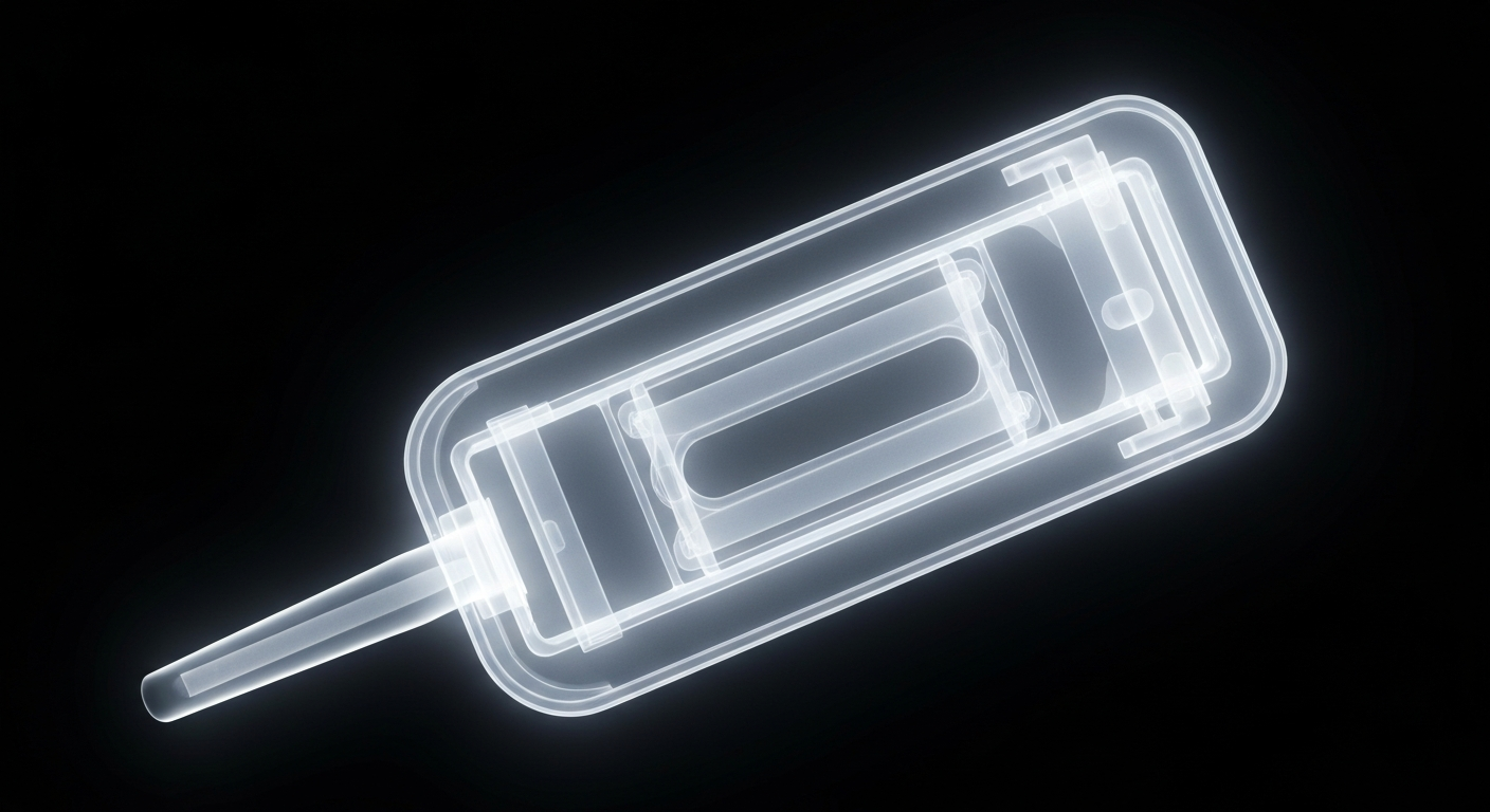 A ghostly, translucent X-ray photograph revealing the internal structure of a medical diagnostic device, glowing with a faint, ethereal light against a dark background, conceptually representing the advanced technology behind early cancer detection.