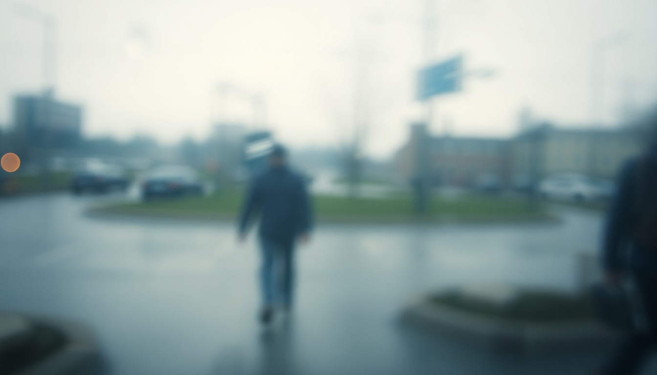 An extremely blurred, out-of-focus photograph composed of muted blues, grays, and greens, conceptually representing the melancholy and sense of threat faced by transgender individuals.