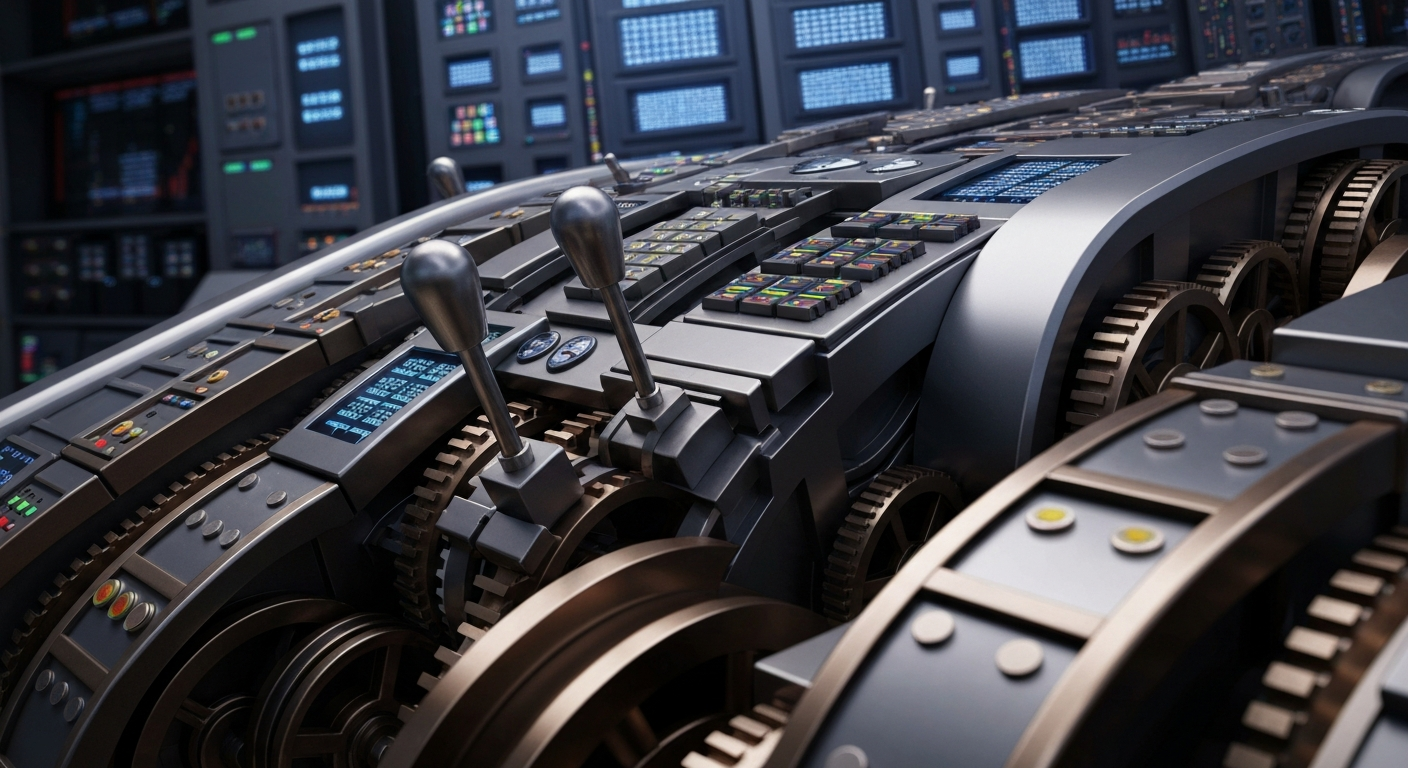 An extreme close-up of the intricate machinery and digital displays of a financial trading system, conveying the institutional power and regulatory oversight of the industry.