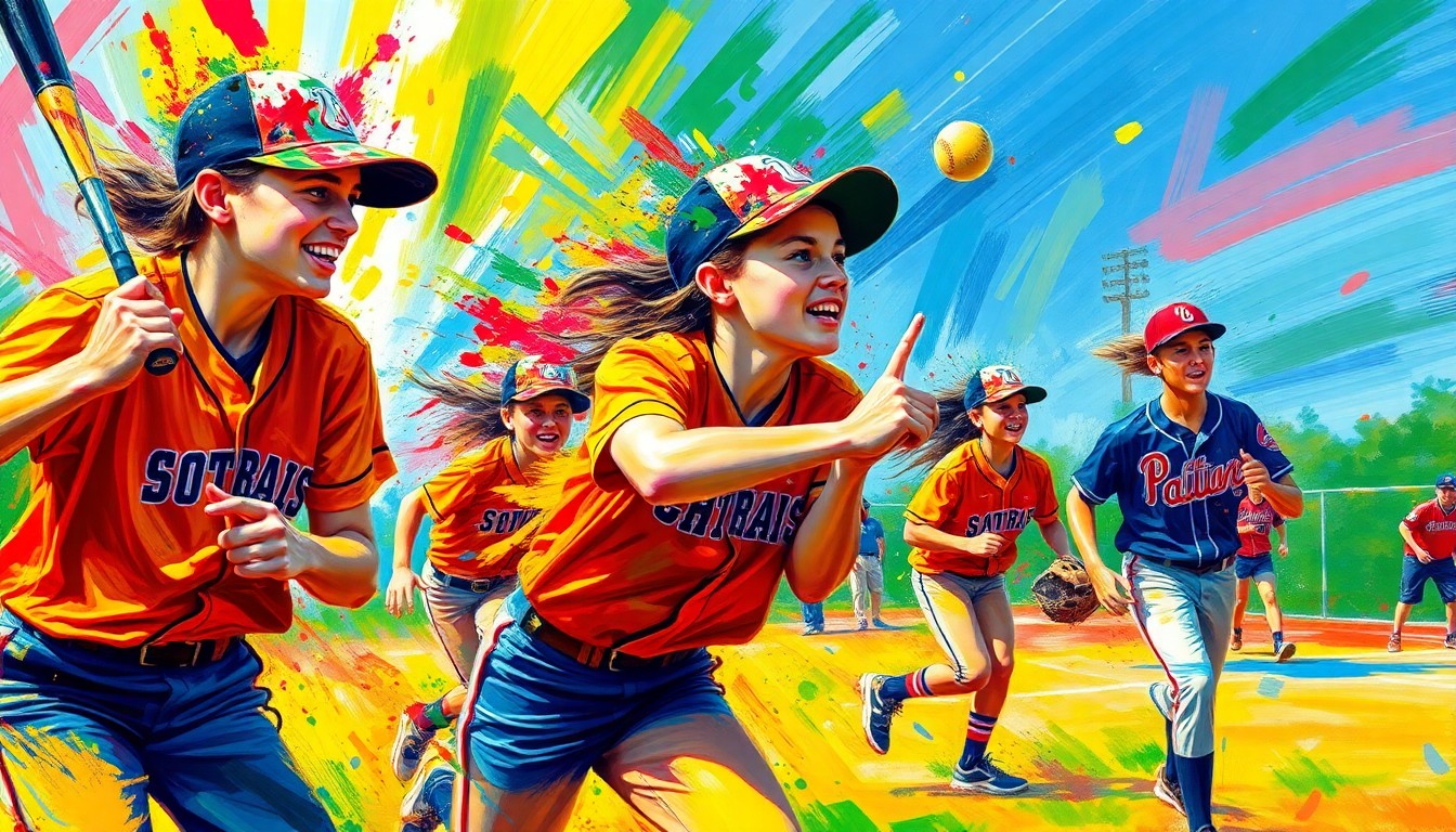 An abstract expressionist painting in neon colors capturing the dynamic motion and intensity of a high school softball game, with players' forms blending into vibrant brushstrokes.