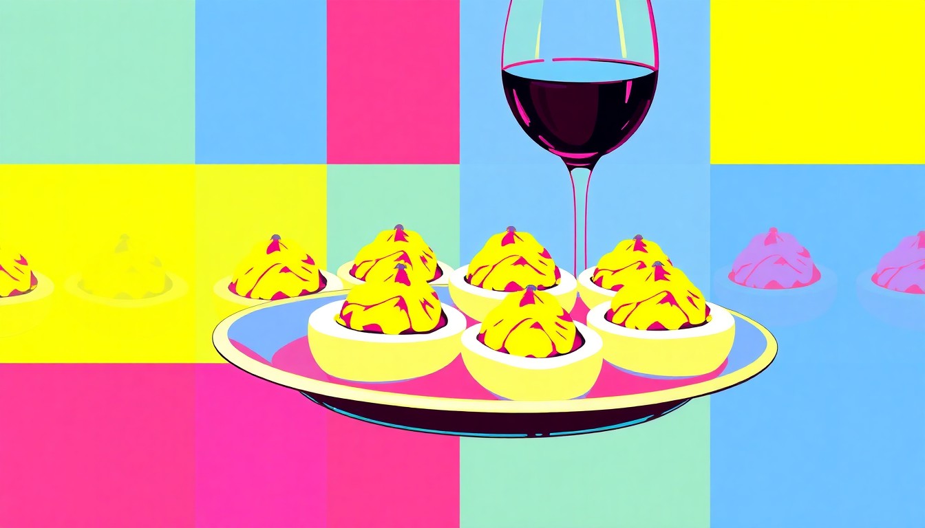 A bold, colorful silkscreen-style illustration featuring a repeating grid of a single iconic food item, such as a wine glass or plate of deviled eggs, rendered in a high-contrast, neon-infused pop art style that captures the celebratory energy of the annual Cape Fear culinary festival.