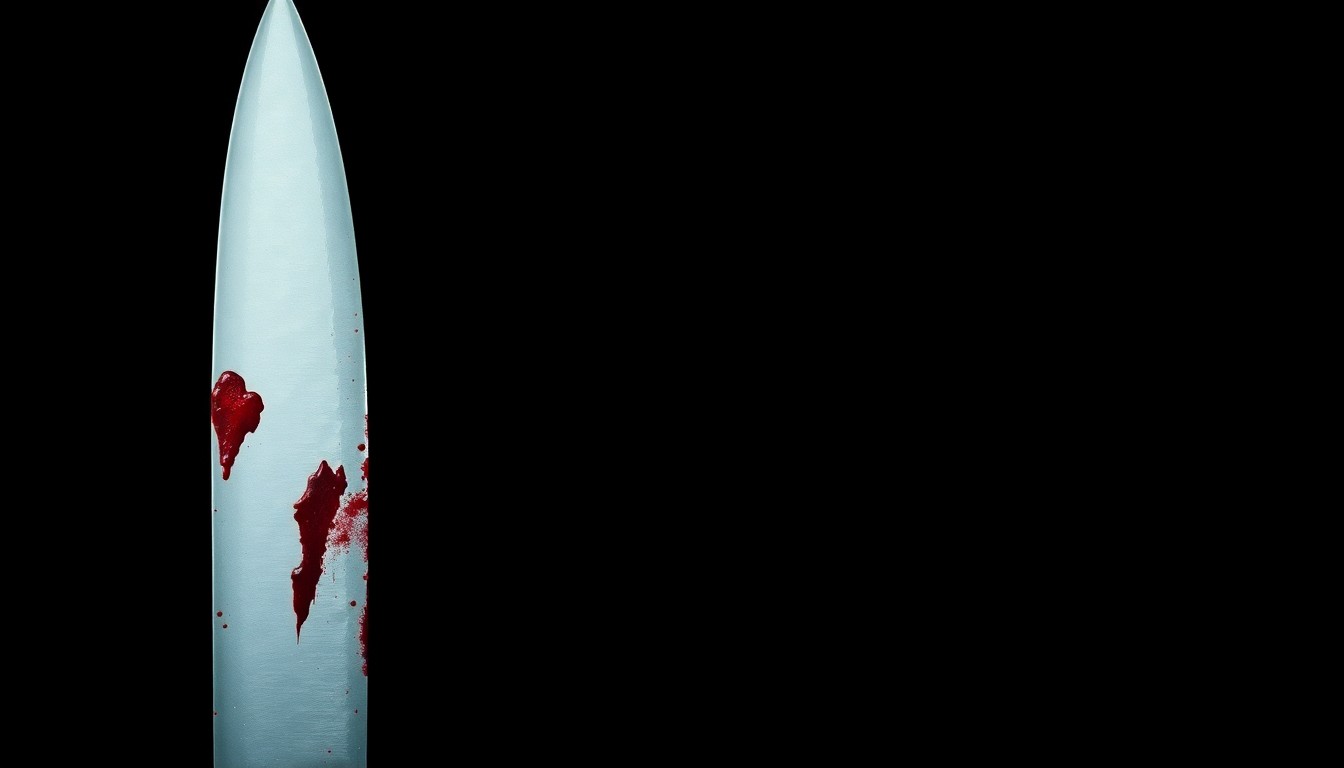 An extreme close-up photograph of a bloodied knife blade against a pitch-black background, lit by a harsh camera flash to create a stark, gritty, and investigative aesthetic.