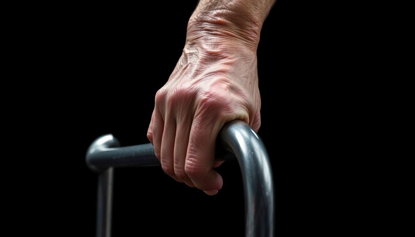 An extreme close-up photograph of a worn, weathered hand grasping a metal walker, lit by a harsh, direct camera flash against a pitch-black background, conceptually representing the plight of an elderly person in need of care.
