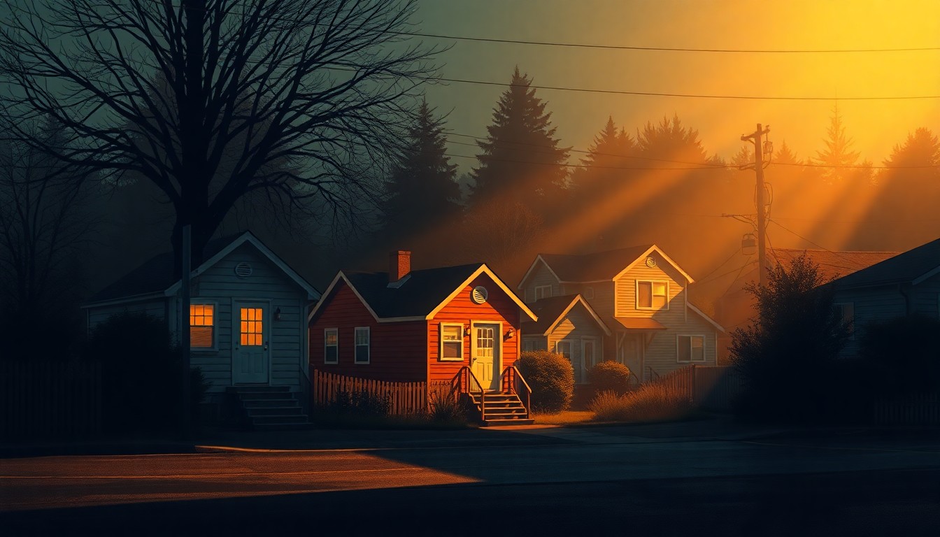 A serene, cinematic painting depicting a tiny home village nestled in a Seattle neighborhood, with warm sunlight and deep shadows creating a contemplative mood, conveying the complex challenges of balancing shelter expansion and community accountability.