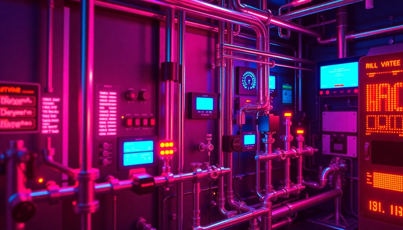 A highly detailed, glowing 3D illustration of the control panel of a water treatment plant, with neon cyan and magenta lights illuminating the complex array of pipes, valves, and digital displays, conceptually representing the threat of cyberattacks on physical infrastructure.