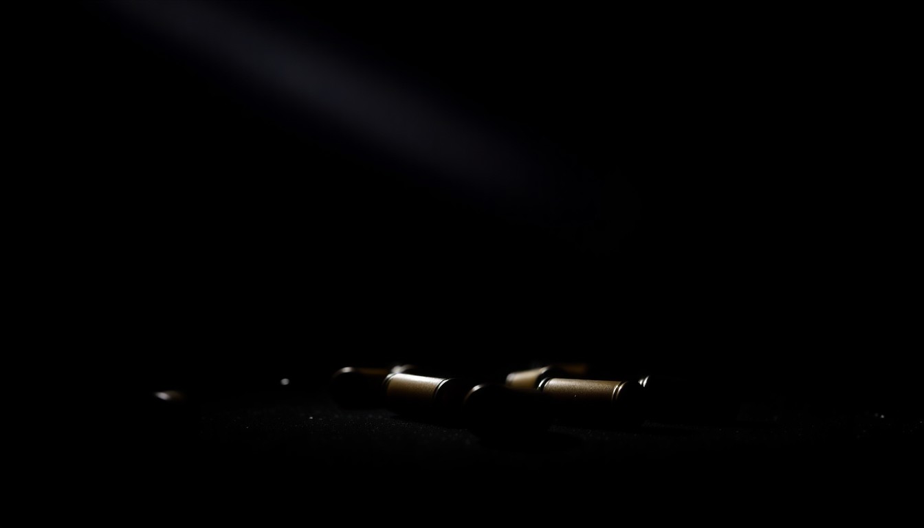 An extreme close-up photograph of several spent shell casings on the ground, lit by a harsh, direct camera flash against a pitch-black background, conceptually representing the investigation into a recent shooting incident.