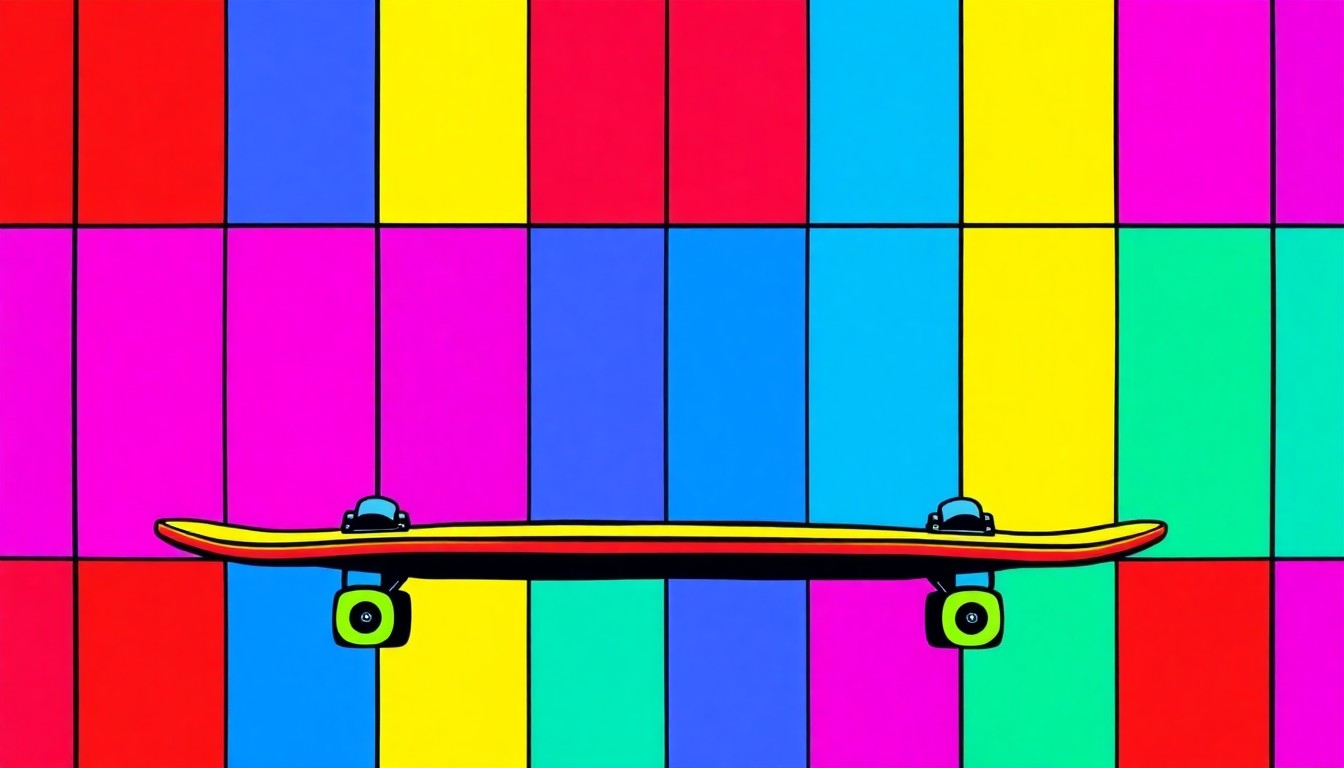 A bold, colorful silkscreen print featuring a skateboard repeated in a grid pattern, representing the iconic object that defined Alec Chambers' passion and impact on the Wilmington community.