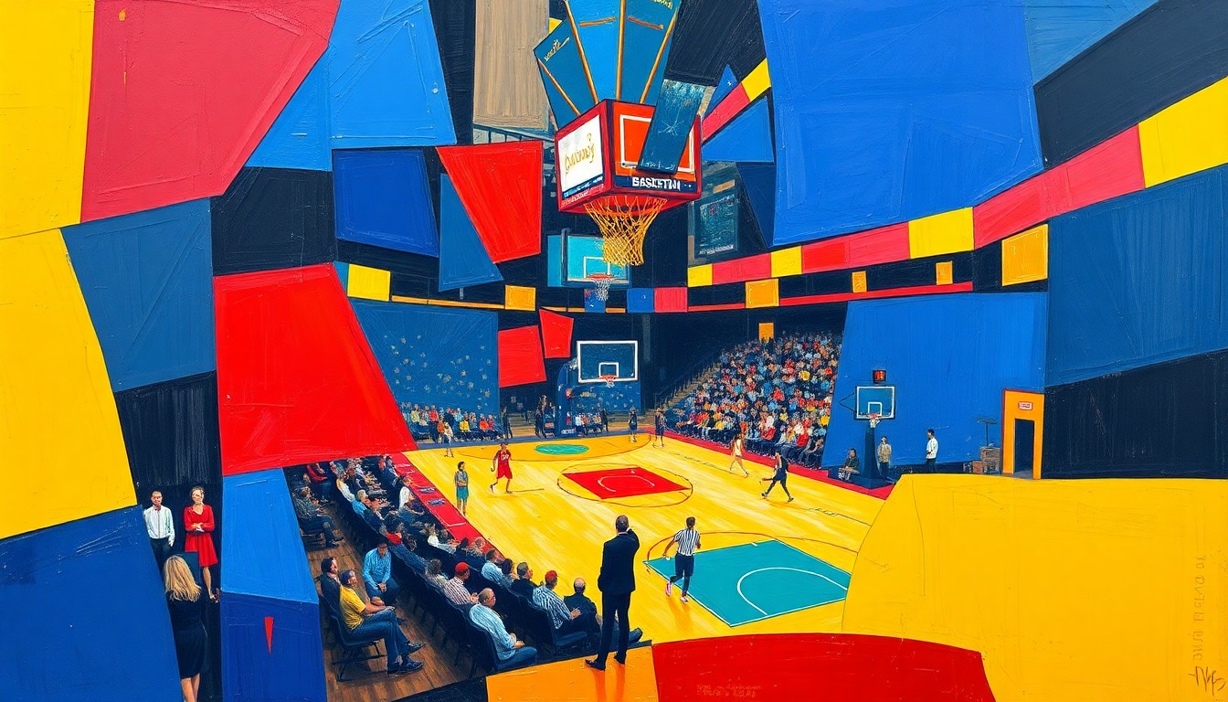 A cubist, geometric painting depicting a fragmented, multi-perspective view of a basketball arena, with sharp, overlapping planes of color representing the energy and excitement of the sport.