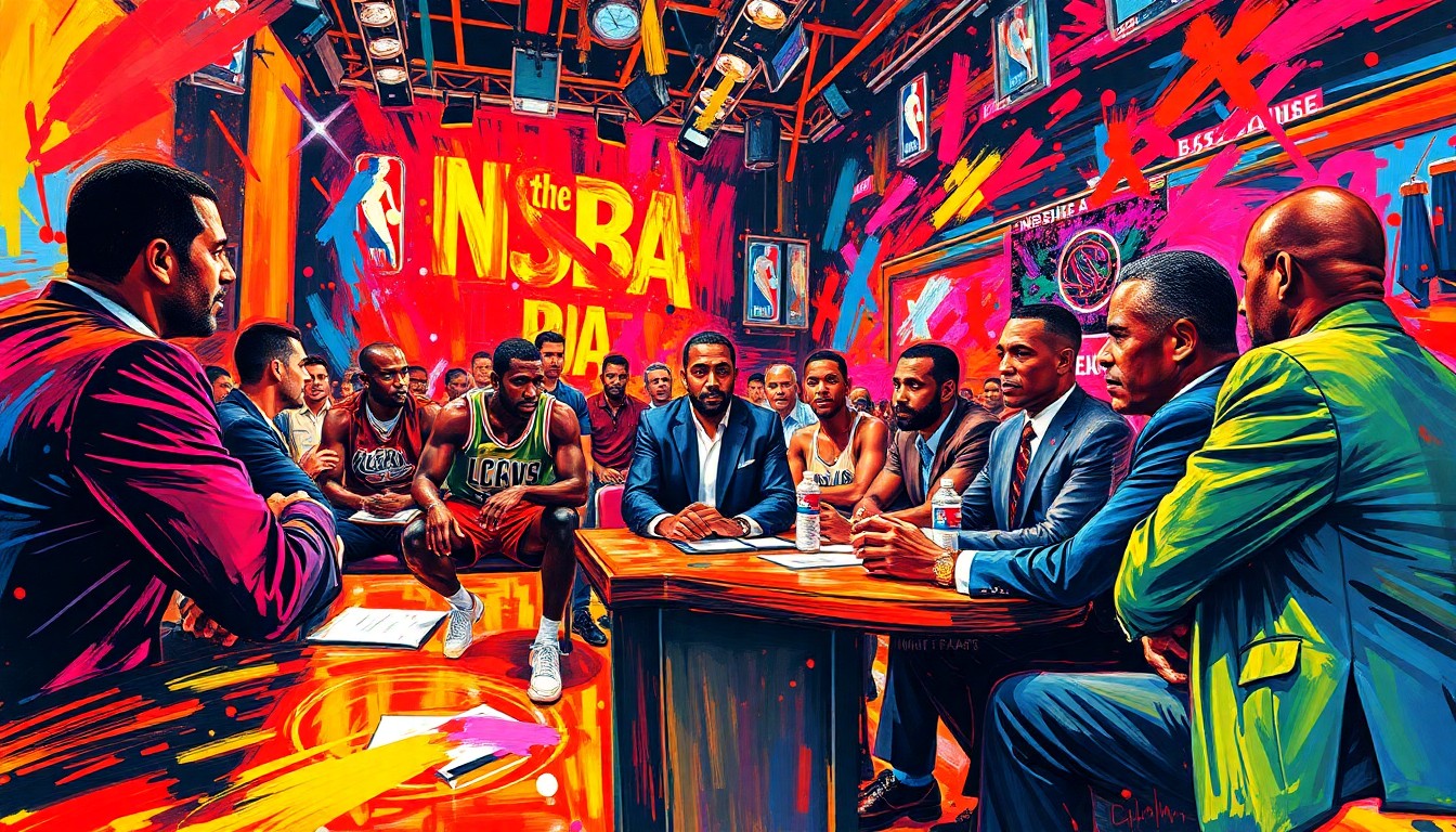 An abstract, energetic painting with vibrant neon brushstrokes and splashes of color, capturing the raw emotion and passion of basketball commentary.