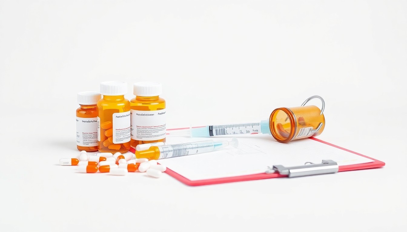 A photorealistic studio still life featuring a stack of pill bottles, a syringe, and a medical clipboard, symbolizing the drug development process in the biopharmaceutical industry.
