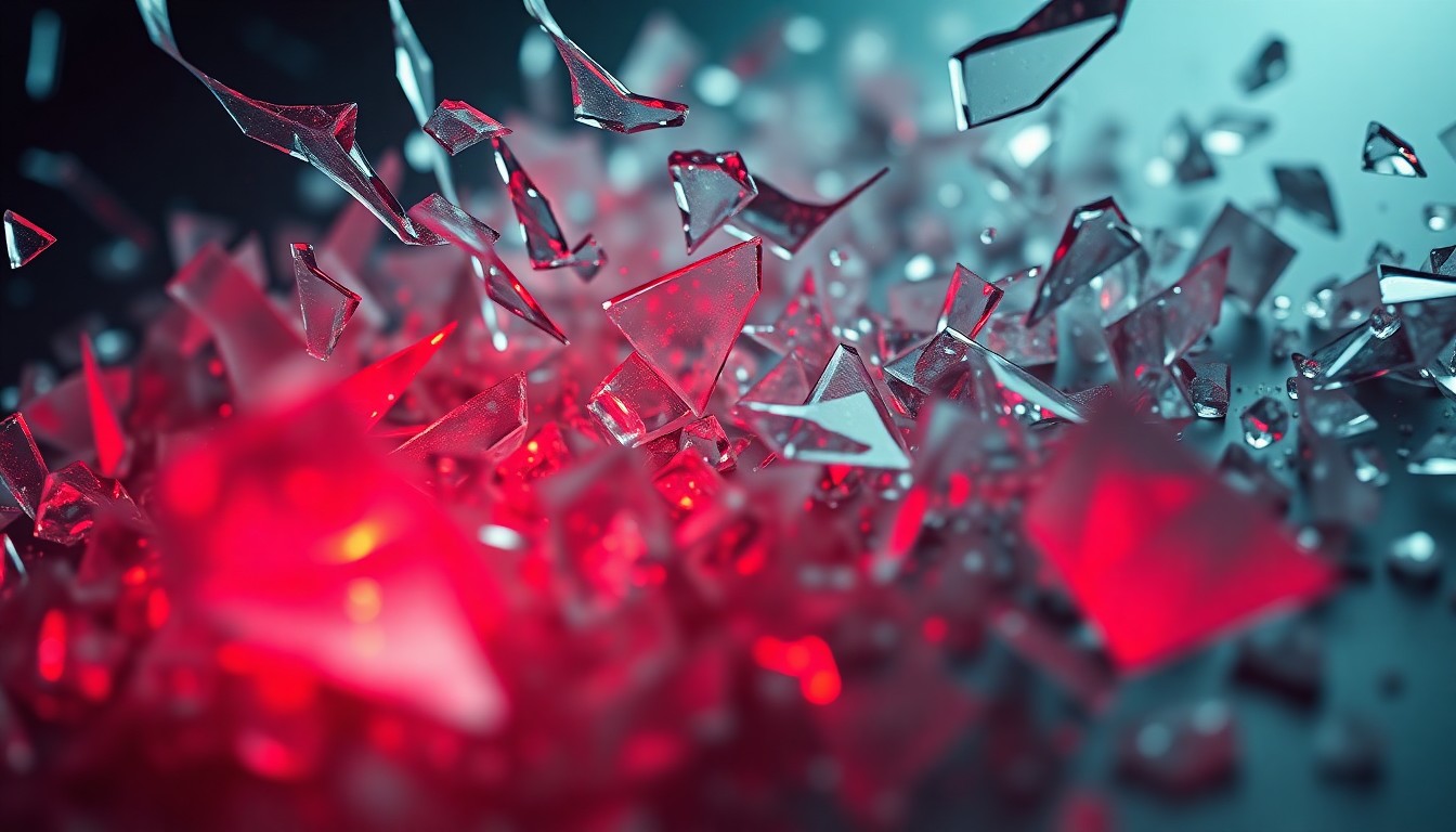 An abstract close-up image of shattered glass and crystal, capturing the chaos and violence of the attack on Vanessa Fisk.