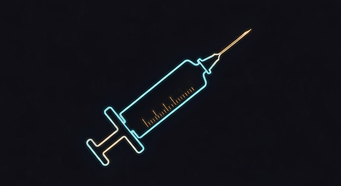 A minimalist design in the style of Keith Haring, with a glowing neon outline of a syringe or vaccine vial against a dark background, emphasizing the shape and electricity of the medical device.