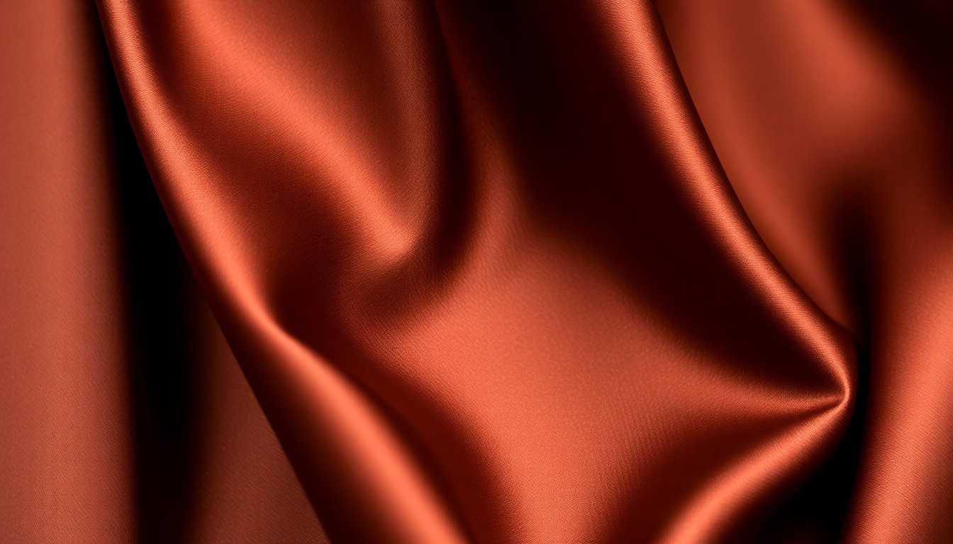 An abstract close-up photograph of a luxurious chocolate brown satin fabric, capturing the rich texture and fluid movement of the material.