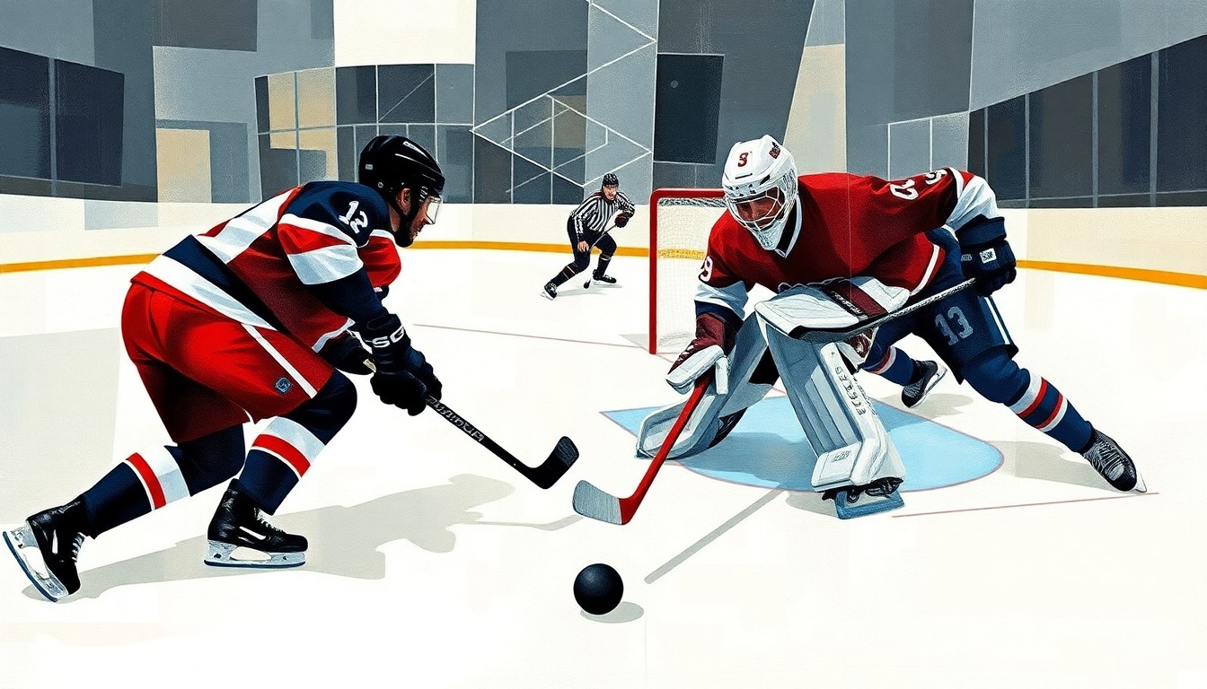 A cubist, geometric painting depicting a hockey game, with the goalie's equipment and net as the central focus, surrounded by abstract shapes and angles representing the players and puck.