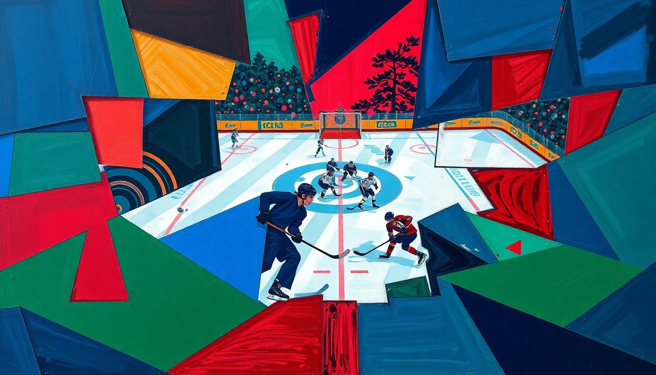 A cubist, geometric painting depicting the dynamic movement and competition of a women's professional hockey game, with sharp planes of navy, green, and red intersecting to capture the energy of the sport.