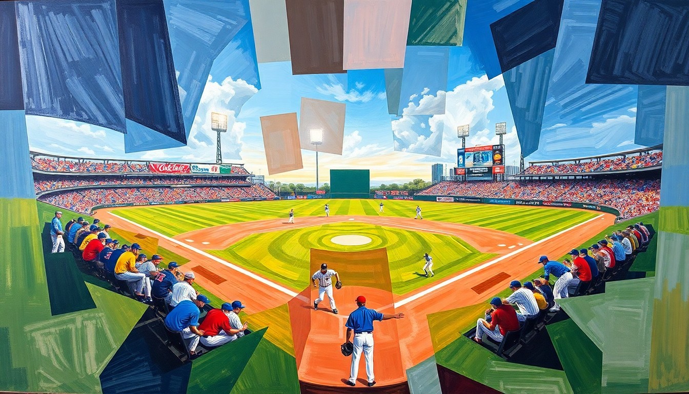 A cubist-style painting depicting a baseball game in progress, with the players and field broken down into overlapping geometric shapes and planes of bright, vibrant colors.