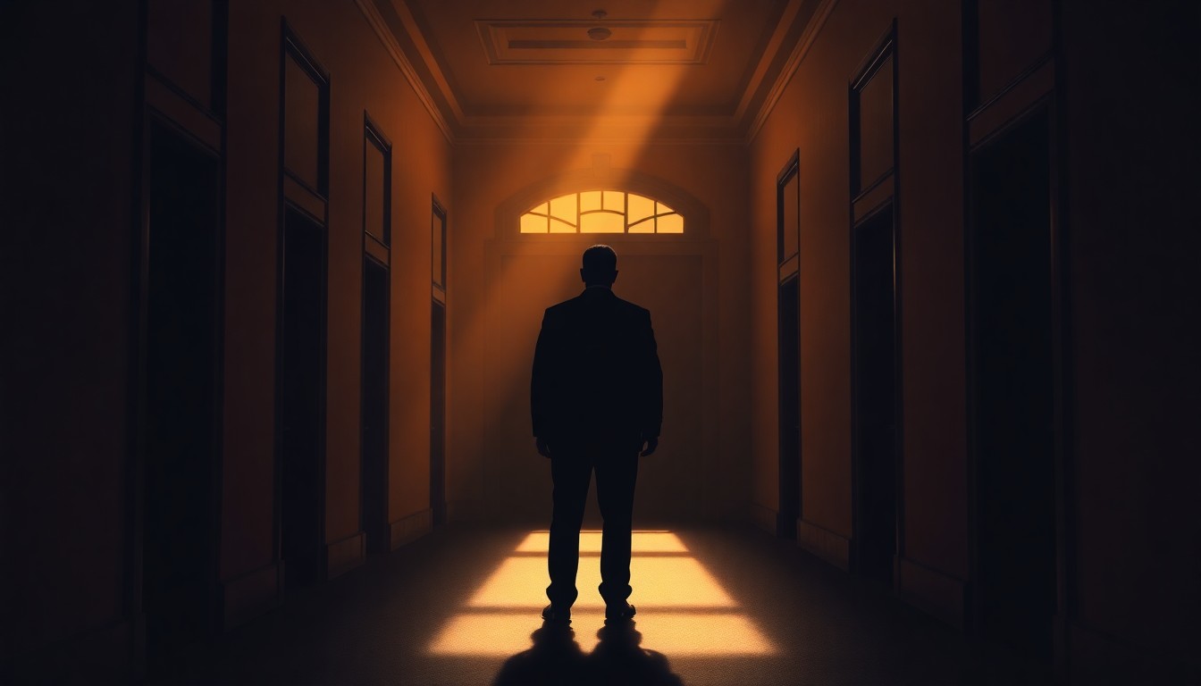 A shadowy, cinematic painting of a lone political figure standing in a dimly lit government hallway, conveying a sense of uncertainty and high-stakes decision making.