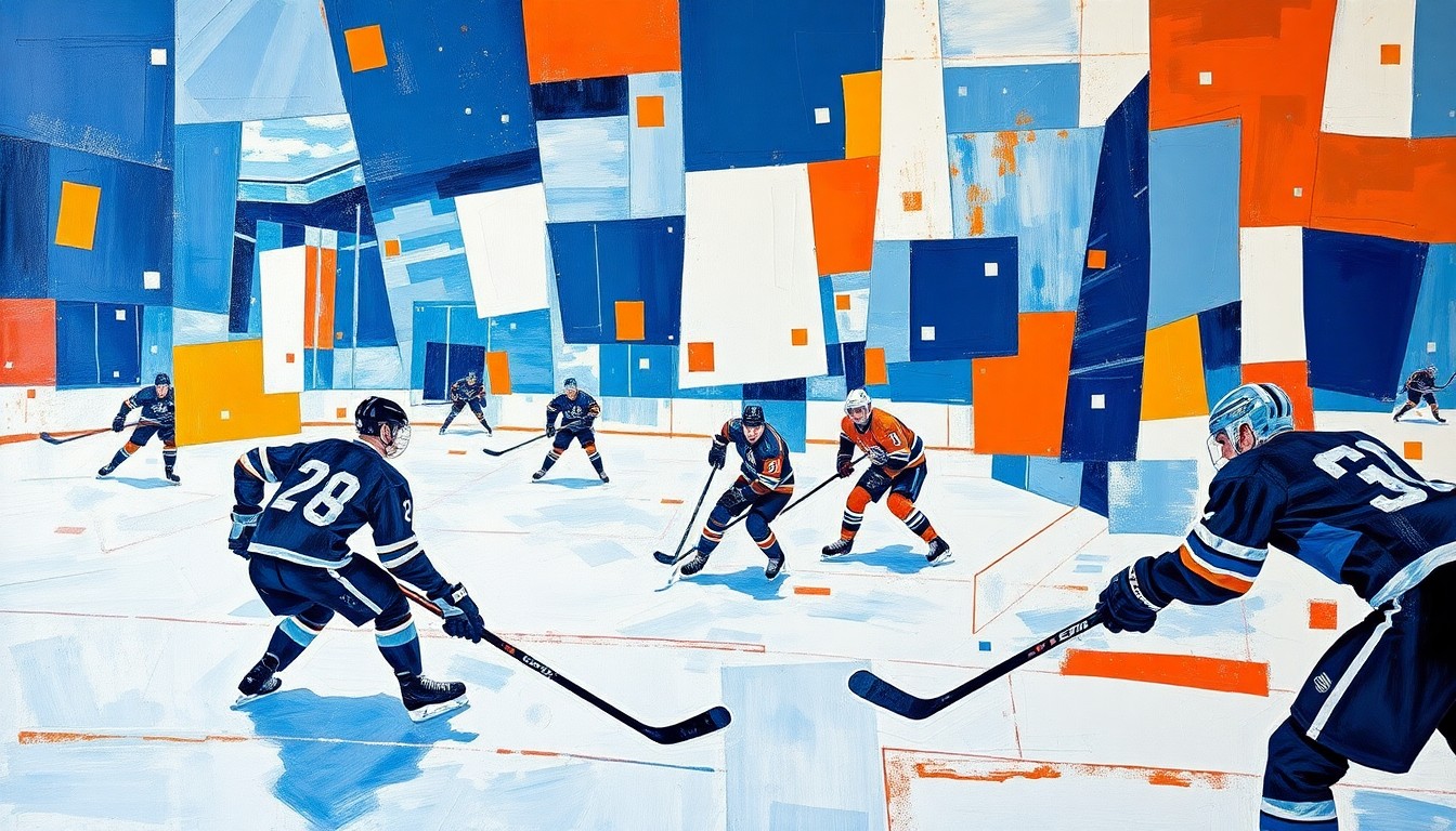 A cubist, geometric painting depicting the chaotic action of a hockey game, with fragmented shapes and planes of ice, players, and equipment in shades of blue, white, and orange.