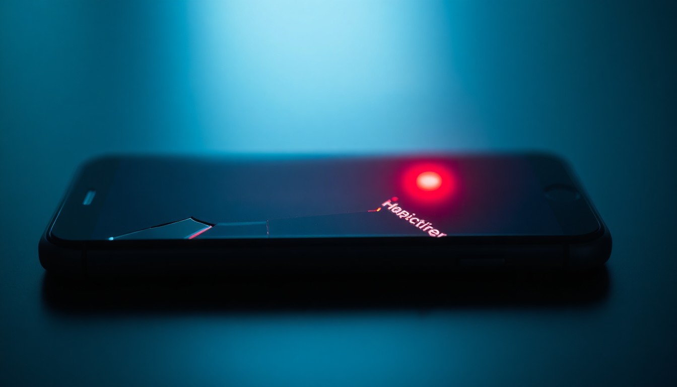 An extreme close-up photograph of a shattered smartphone screen reflecting a faint red light, conceptually illustrating the digital evidence and technology-enabled harassment that victims of stalking often face.