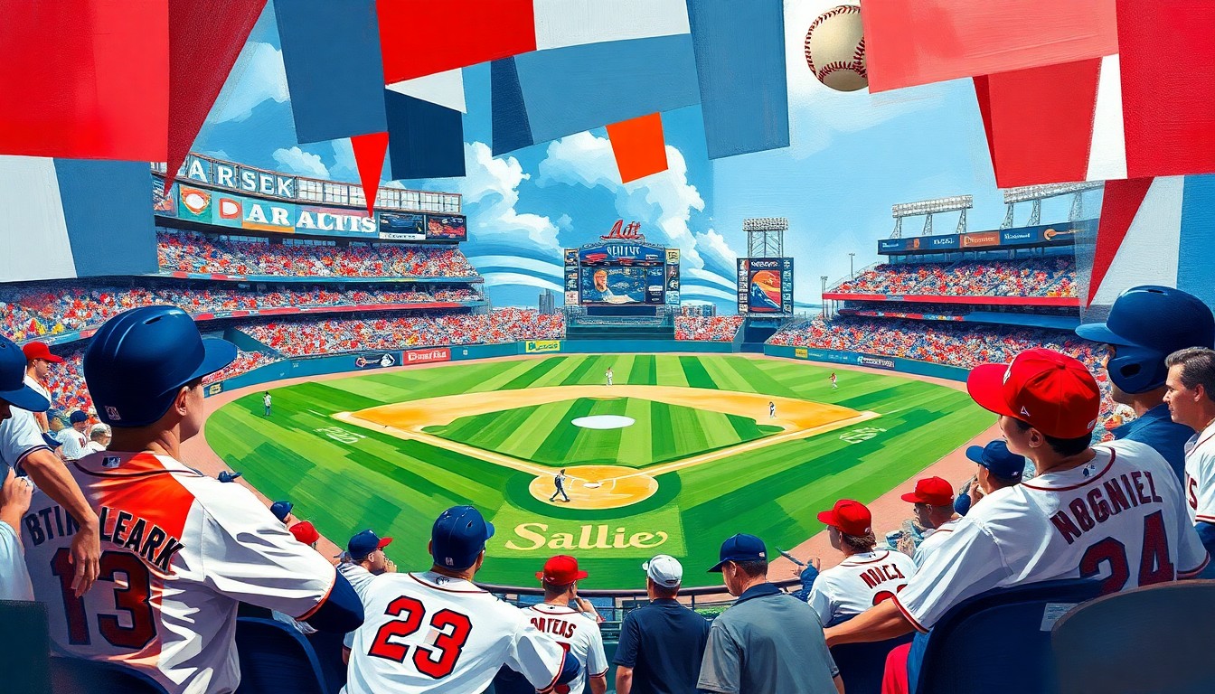 A fractured, multi-perspective painting depicting a baseball game broken down into sharp, overlapping geometric shapes and planes of navy blue, red, and white, representing the uniforms of the Braves and Angels players engaged in a physical altercation on the field.