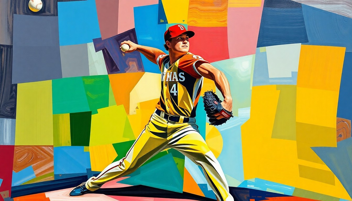 A cubist-style painting depicting a baseball pitcher's windup and delivery broken down into sharp, overlapping geometric shapes and planes in the team's official colors.