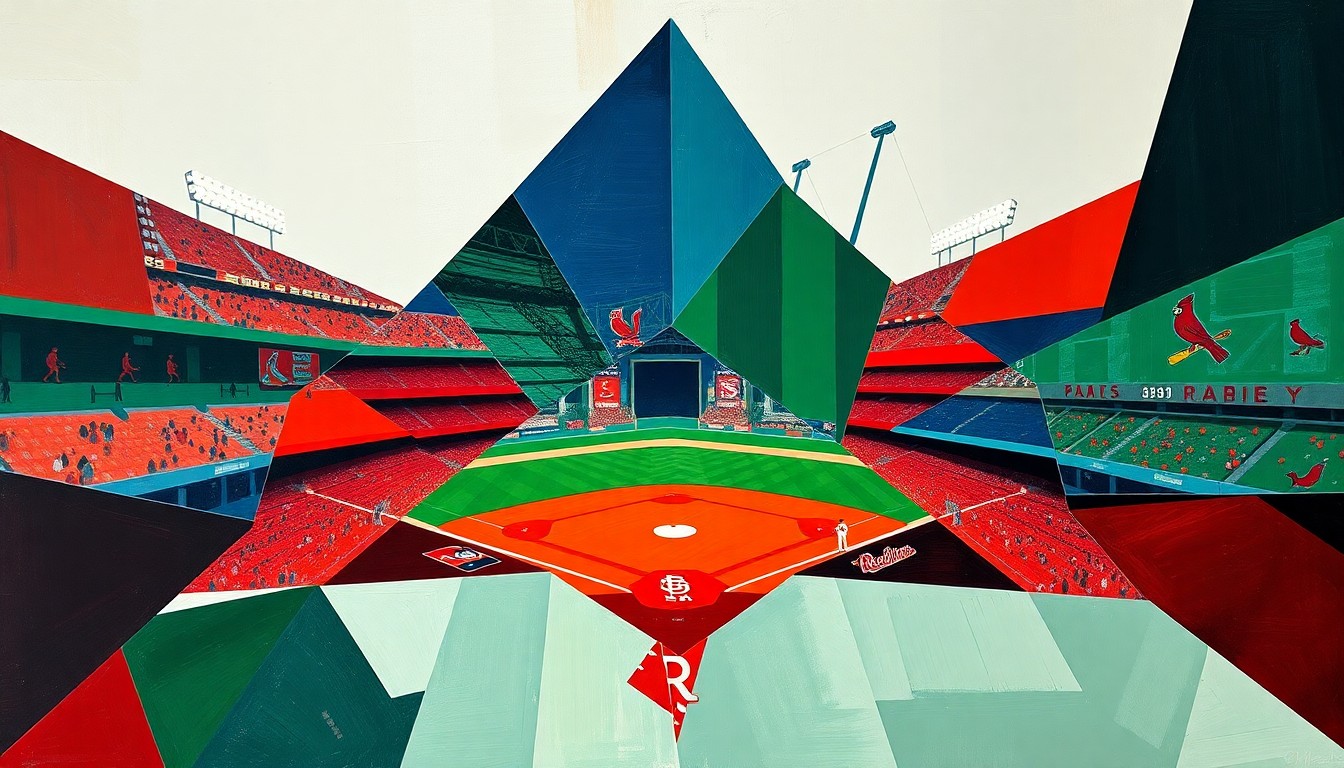 A fractured, multi-perspective painting featuring sharp, overlapping geometric planes in vibrant colors like crimson, navy, and emerald green, conceptually representing a baseball game between the Boston Red Sox and St. Louis Cardinals.