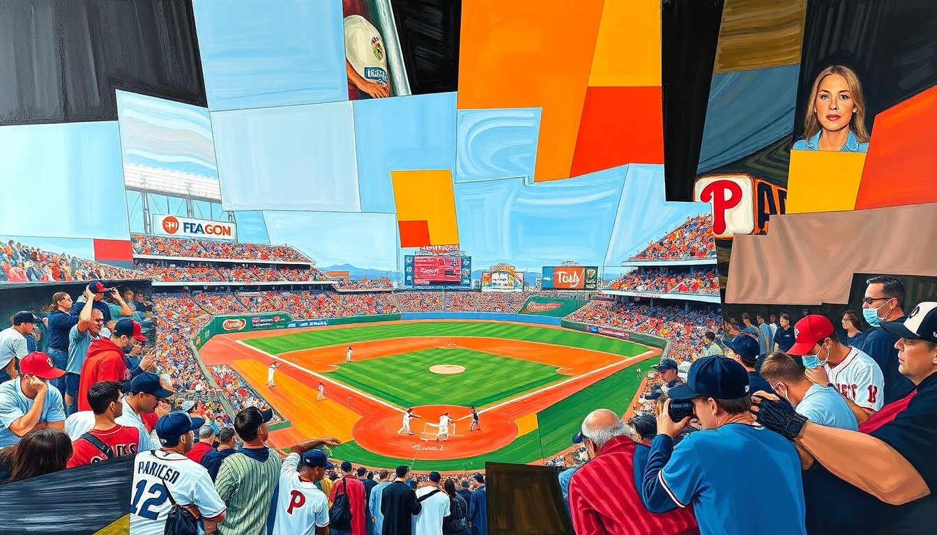 A fractured, multi-perspective painting in bold, overlapping geometric shapes and planes, using the vibrant colors of the Giants' and Phillies' uniforms to depict the action and energy of the baseball game in an abstract, conceptual manner.