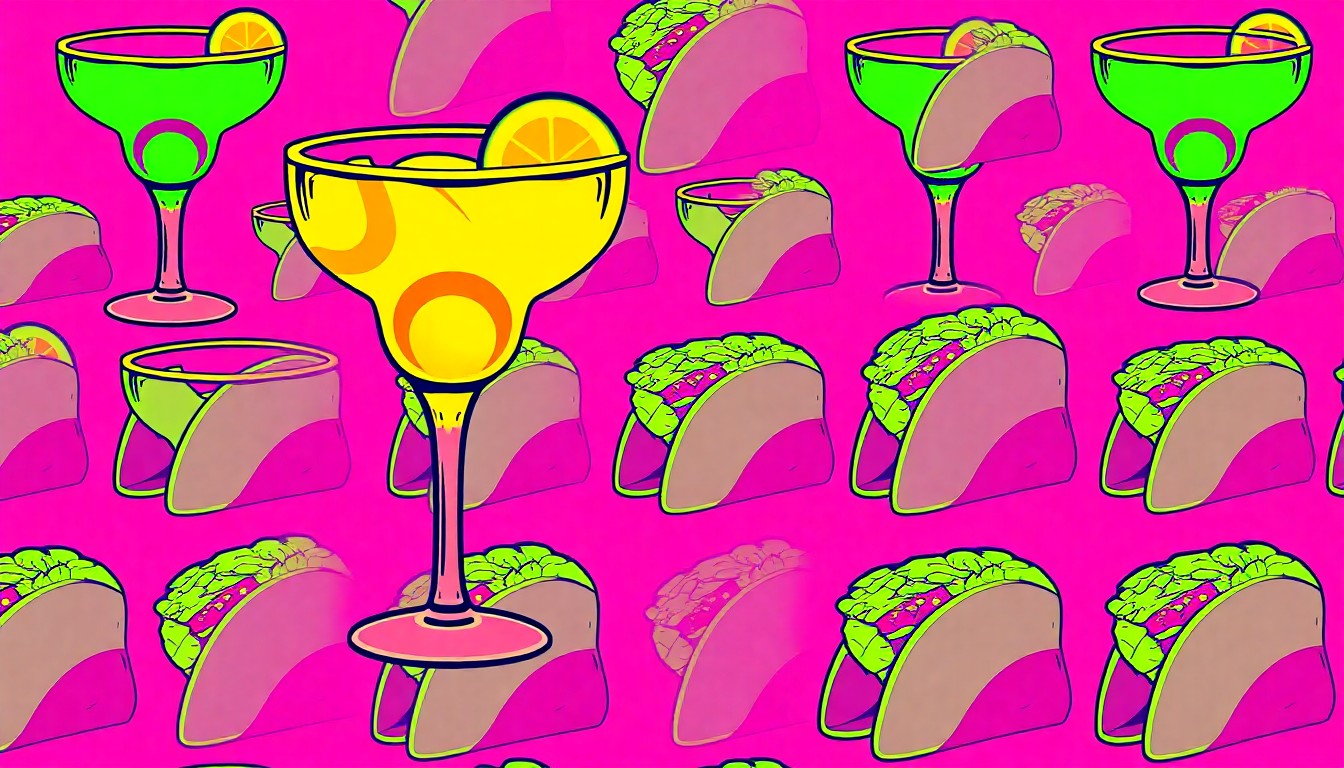 A high-contrast silkscreen print in neon colors depicting multiple images of a margarita glass, arranged in a grid pattern to capture the bold, playful spirit of Paraiso Mexican Grille and Bar.