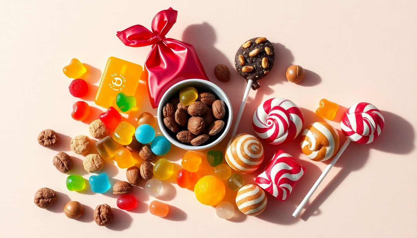 A high-end, photorealistic studio still-life photograph featuring an elegant arrangement of various premium candy products, including colorful gummy bears, chocolate-covered nuts, and specialty lollipops, all placed on a clean, monochromatic background and dramatically lit to conceptually represent the abstract ideas of online retail and consumer trends in the candy industry.