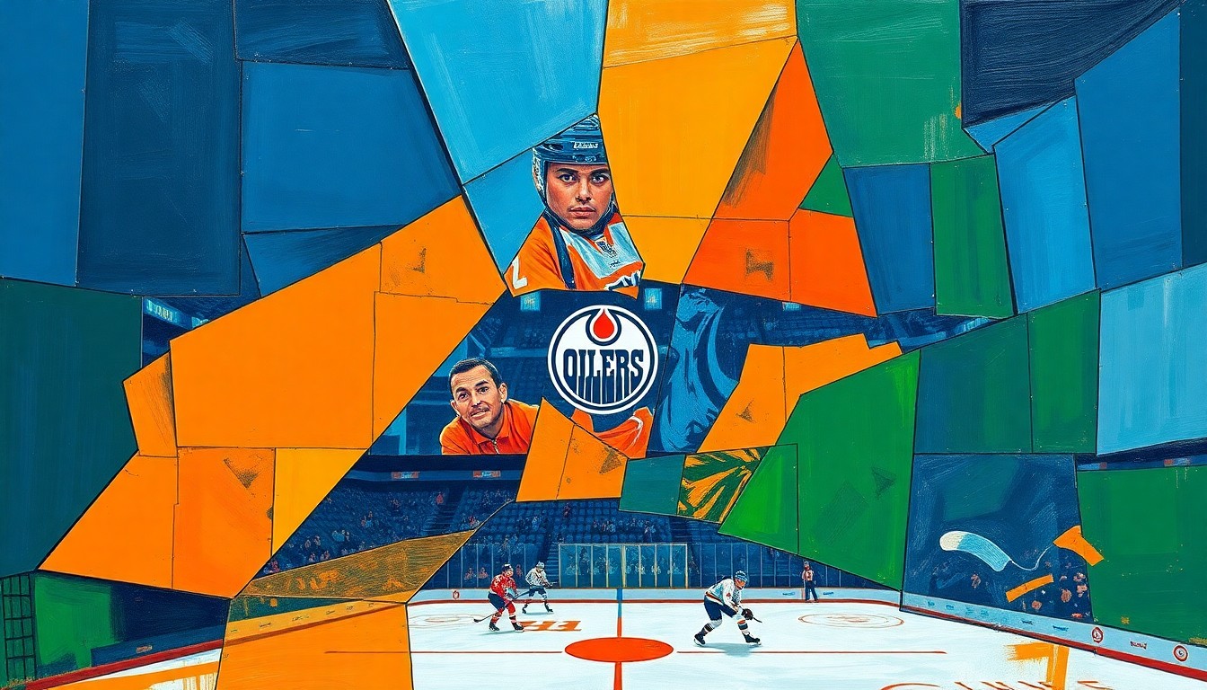 A fractured, multi-perspective painting in bold, vibrant colors depicting a hockey game between two teams, with the players and action broken down into sharp, overlapping geometric shapes and planes.