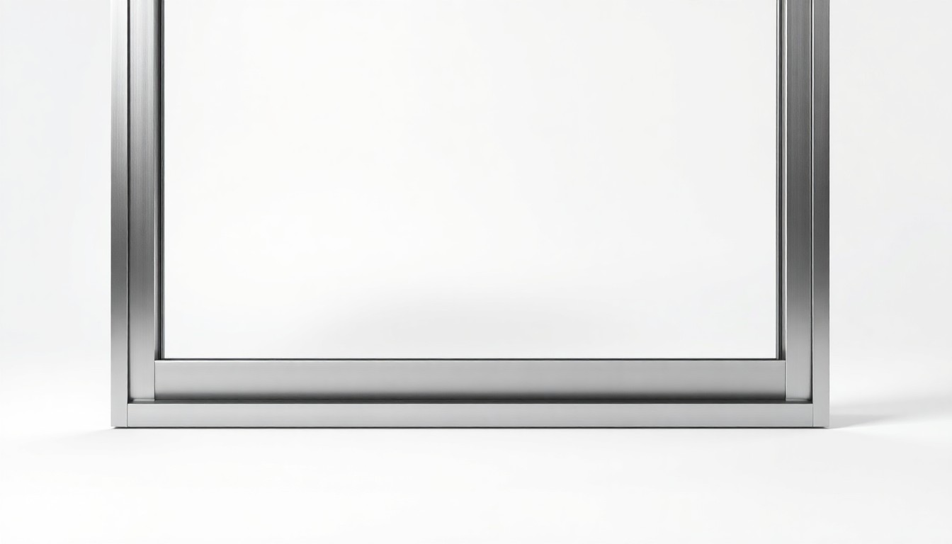A close-up, high-contrast photograph of a modern, brushed aluminum and tempered glass window frame, highlighting its sleek and durable design.